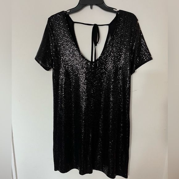 Black Sequin Minidress, V Neck, Short Sleeve, Tie Back - Picture 1 of 5